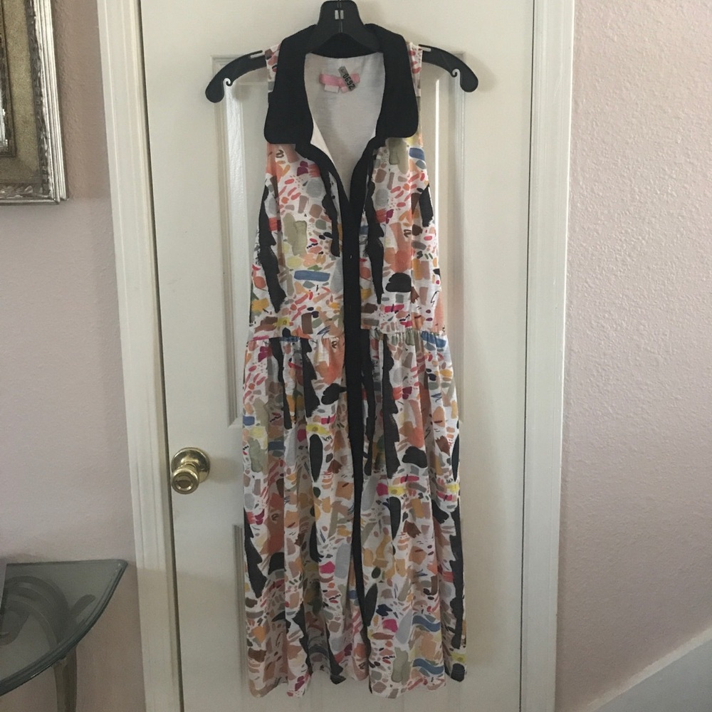 Anthropologie Multicolor Abstract Print Sleeveless Dress with Black Trim